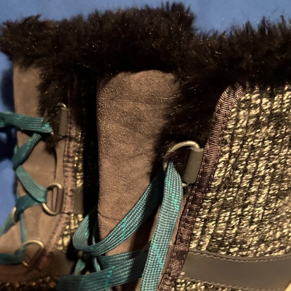Sorel Brown Knit Faux-Fur Trim Winter Boot with Teal Accents - Picture 4 of 7